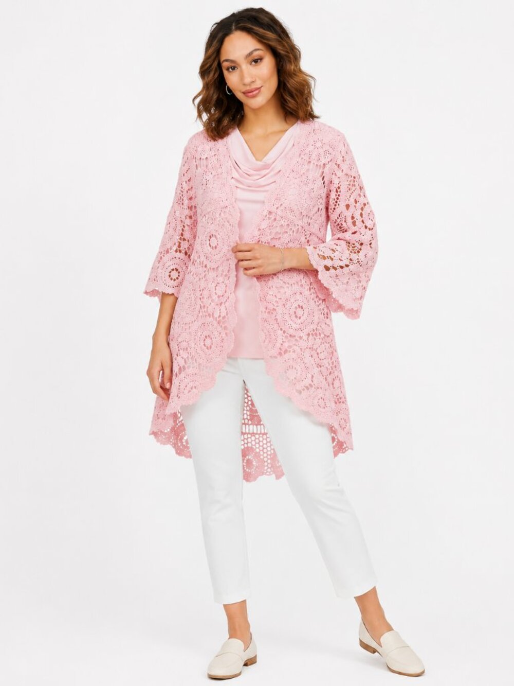 Nina Leonard Pink Crochet Bell Sleeve High Low Cardigan NWOT